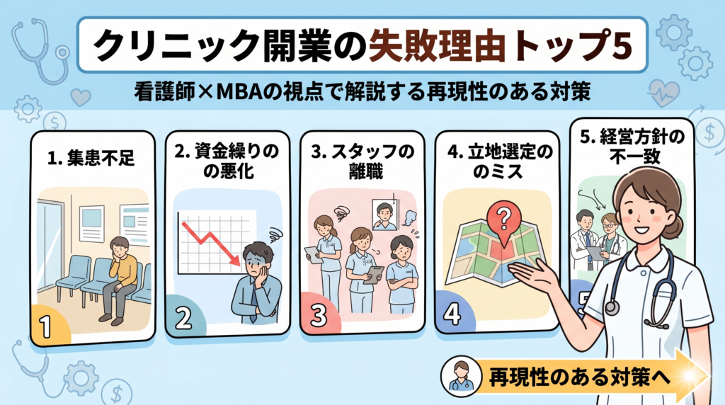 クリニック開業の失敗理由トップ5（集患不足、資金繰り、スタッフ離職、立地選定、経営方針）をイラストで描いた、看護師×MBA視点のコラムアイキャッチ画像