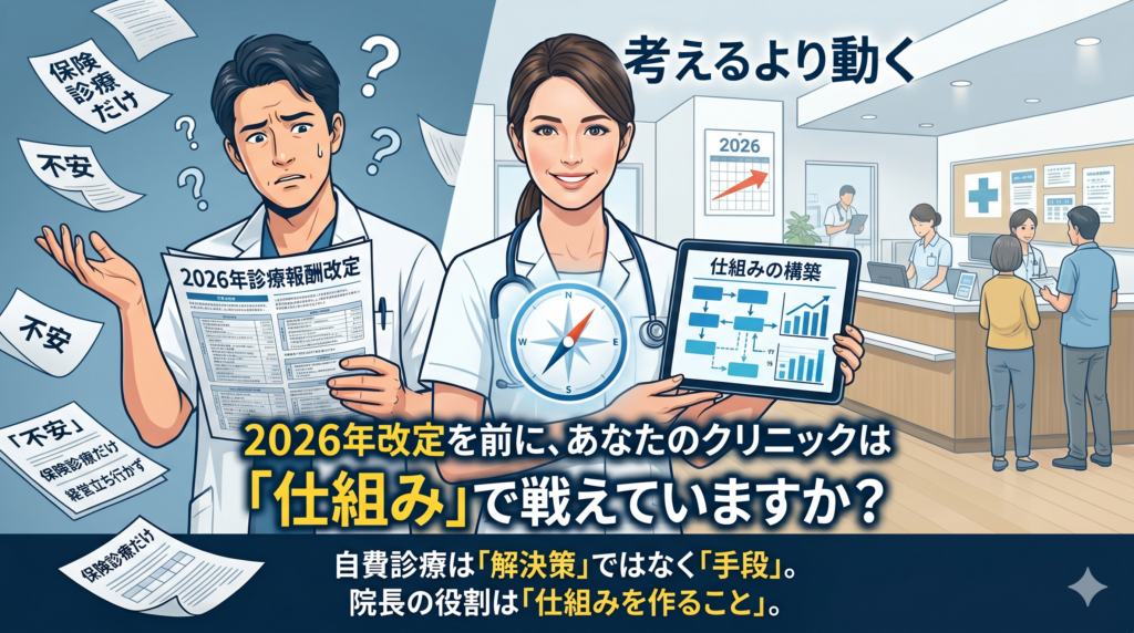 クリニックの「仕組み作り」と2026年診療報酬改定をテーマにした、院長とコンサルタントのイラスト。