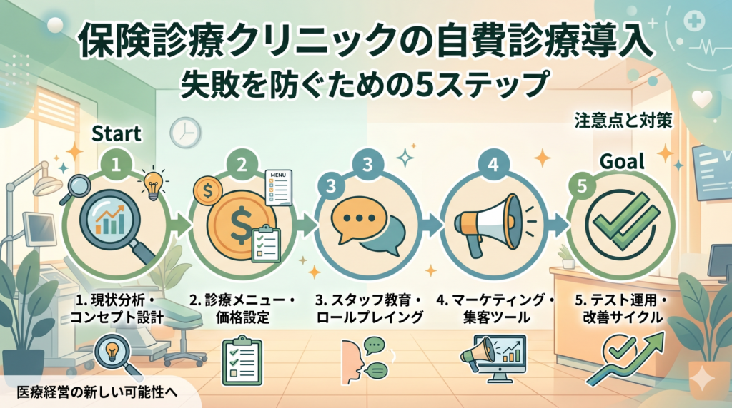 保険診療クリニックが自費診療を導入するプロセスを5つのステップで解説したインフォグラフィック画像。明るいクリニックの受付を背景に、1.現状分析、2.価格設定、3.スタッフ教育、4.マーケティング、5.テスト運用の各工程が、分かりやすい大きなアイコンと矢印で左から右へステップ順に描かれています。上部には「保険診療クリニックの自費診療導入 失敗を防ぐための5ステップ」という文字が大きく記載されています。