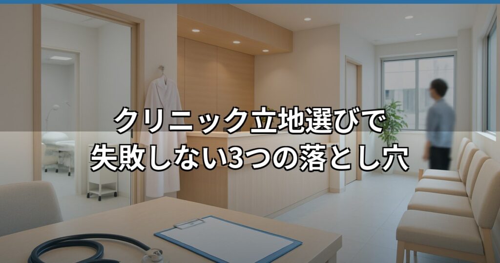 クリニック開業時の立地選定に重要となる受付スペースと診療エリア。駅近・駐車場・商圏人口など立地戦略の指標を視覚化したクリニック内観。医療施設における立地選びの重要性を表現。
