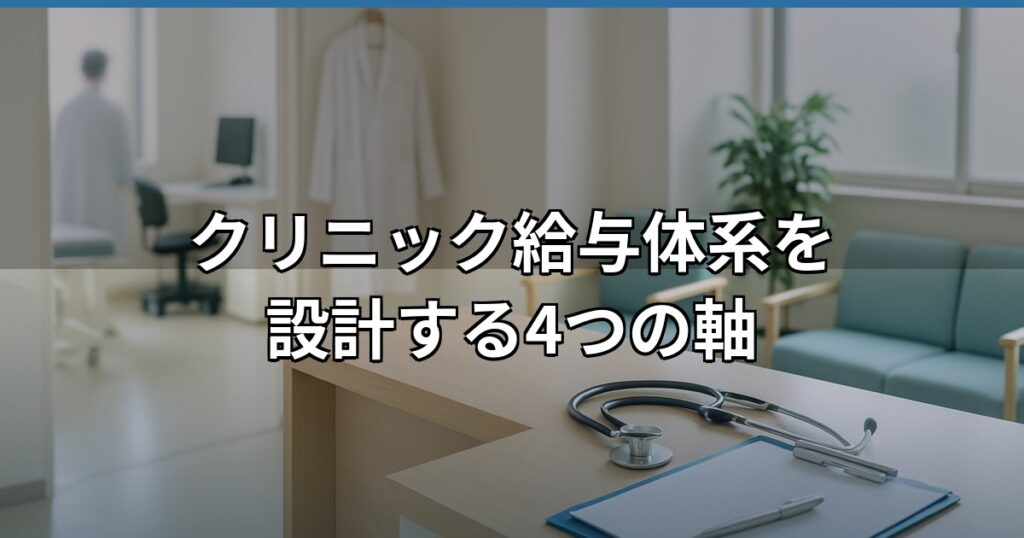 クリニックの給与体系設計で重要な職種・経験・評価・勤務形態の4つの軸を図解したイメージ。医療機関における人件費管理と採用競争力を高める給与テーブル設計の参考資料