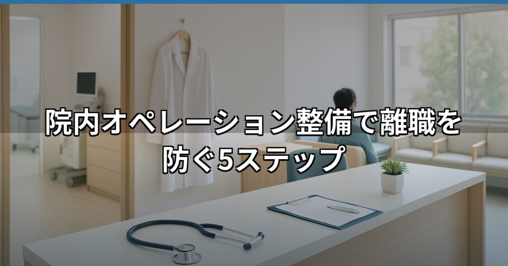 クリニックの院内オペレーション整備の流れを示す受付・診療業務の動線図。スタッフ間の役割分担と患者導線が視覚的に整理され、クリニック経営の属人化解消を促進します。